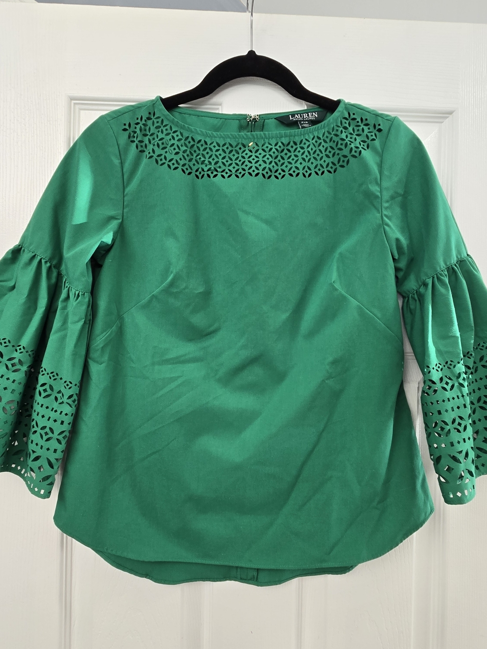 Lauren Ralph Lauren Green Laser Cut Eyelet Bell Sleeve Blouse Womens Petite XS